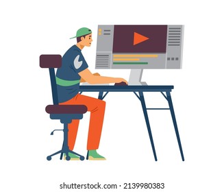 Motion designer or editor edits video footage, flat vector illustration isolated on white background. A videographer or video editor works at computer.