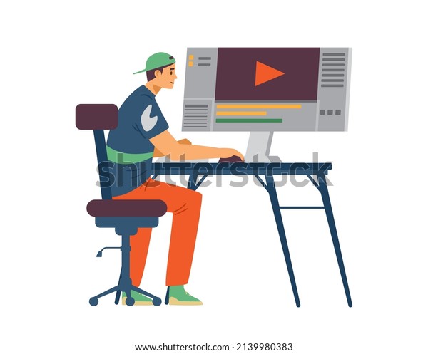 Motion designer or editor edits video\
footage, flat vector illustration isolated on white background. A\
videographer or video editor works at\
computer.