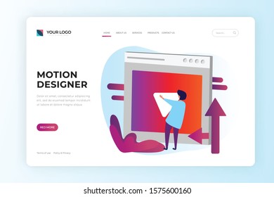 Motion designer landing page design. Video effect and motiongraphic desig concept vector illustration. Character man with video player element at computer web page design