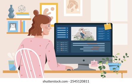 Mulher designer de movimento. Menina senta-se na tela do computador e edita vídeo. Freelancer e trabalhador remoto ganham dinheiro na Internet. Artista digital talentoso no local de trabalho. Ilustração de vetor plano