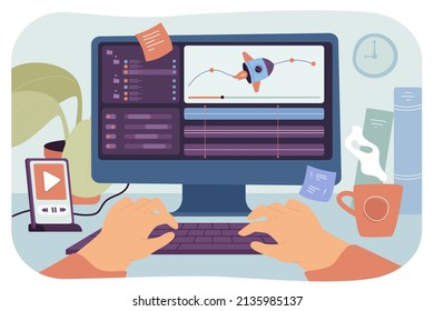 Motion Designer Working On Computer Flat Vector Illustration. Game Creator Or Web Programmer Animating Image On Laptop In Studio. Man Or Male Artist Editing Video. Workplace, Art Concept