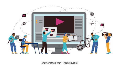 Motion designers and animators working on computer create animation video, flat cartoon vector illustration. Professional motion graphics and editing studio services.
