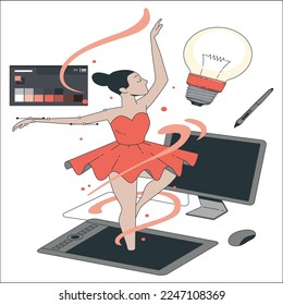 Los diseñadores de movimiento y los animadores que trabajan en computadoras crean video de animación, ilustración vectorial de dibujos animados planos. Gráficos de movimiento profesional y servicios de estudio de edición. Momentos de creación de dibujos