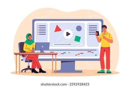 Motion designers team. Man and woman with computer. Graphic designers and video editors. Freelancers and remote workers work on common project. Flat vector illustration