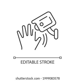 Motion detection camera linear icon. Security control. Detecting human movement. Receiving alerts. Thin line customizable illustration. Contour symbol. Vector isolated outline drawing. Editable stroke