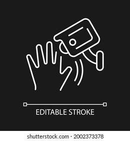 Motion detection camera white linear icon for dark theme. Security control. Receiving alerts. Thin line customizable illustration. Isolated vector contour symbol for night mode. Editable stroke