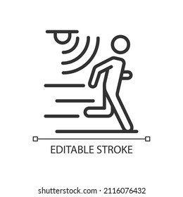 Motion detection pixel perfect linear icon. Movement monitoring. Internet of Things. Thin line illustration. Contour symbol. Vector outline drawing. Editable stroke. Arial font used