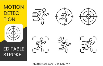 Conjunto de iconos de línea de Vector de detección de movimiento con trazo editable para su colocación en el embalaje del sistema de cámara cctv