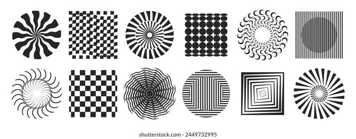 Motion effect and texture visual illusion and optical figures. Vector isolated geometric forms of square and circle. Swirling hypnotic monochrome uncolored wheels with rays and waves set