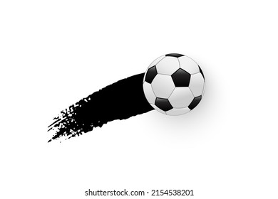 Motion Of Flying Soccer Ball With Black Paint Brush Stroke Effect Vector Illustration. Realistic Football Symbol, Fast Goal With Ball Flight And Grungy Texture Of Track Isolated On White Background