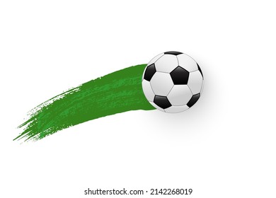 Motion of flying soccer ball with green paint brush stroke effect vector illustration. Realistic football symbol, fast goal with ball flight and grungy texture of track isolated on white background