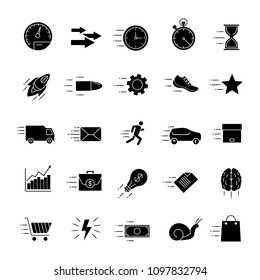 Motion glyph icons set. Speed. Flying items. Fast services. Silhouette symbols. Vector isolated illustration