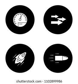 Motion glyph icons set. Speed. Speedometer, arrows, startup, flying bullet. Vector white silhouettes illustrations in black circles