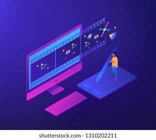 Motion Graphic Designer With Pencil At Computer Screen Creating Video. Motion Graphic Design, Video Production Service, Motion Designer Work Concept. Ultraviolet Neon Vector Isometric 3D Illustration.