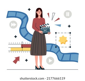 Diseñador gráfico de movimiento. Una mujer con clapperboard en sus manos empieza a filmar. El carácter crea animaciones y vídeos entretenidos. Película y filmación, independiente. Dibujo vectorial plano de dibujos animados