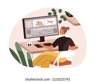 Motion graphic designer work at computer, creating animation design. Digital creator working at desktop screen. Video editor woman at PC desk. Flat vector illustration isolated on white background