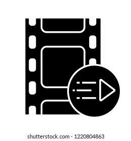 Motion graphics glyph icon. Animation. Multimedia player. Play video. Filmstrip and play button. Silhouette symbol. Negative space. Vector isolated illustration