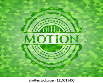 Motion green emblem with triangle mosaic background