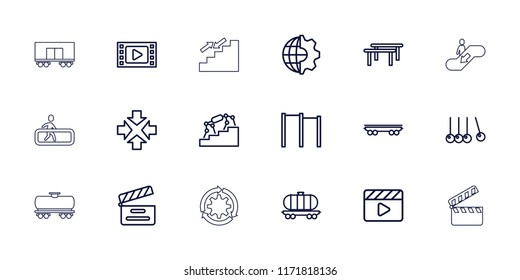 Motion icon. collection of 18 motion outline icons such as move, cradle, movie tape, horizontal bar, clobe gear, cargo wagon, stairs. editable motion icons for web and mobile.