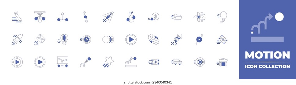 Motion icon collection. Duotone style line stroke and bold. Vector illustration. Containing writing, pendulum, merge, rotation, paper plane, water drop, coin, folder, fan, balloon, bullet, and more.
