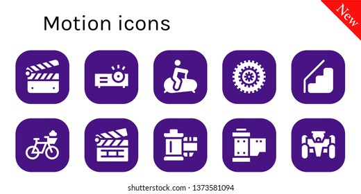 motion icon set. 10 filled motion icons.  Collection Of - Clapperboard, Projector, Stationary bike, Bicycle, Stairs, Reel, Race car