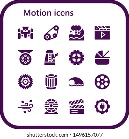 motion icon set. 16 filled motion icons.  Collection Of - Race car, Timing belt, Wave, Clapper, Reel, Metronome, Gear, Cradle, Bicycle, Pulley, Film reel, Wind, Hamster wheel