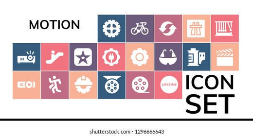  Motion Icon Set. 19 Filled Motion Icons. Simple Modern Icons About  - Gear, Projector, Run, Cogwheel, Reel, Film Roll, Lifetime, Escalator, Movie, Bicycle, Film, Recycle, Motorway