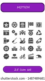 motion icon set. 25 filled motion icons.  Collection Of - Movie, Film reel, Motorway, Finish flag, Film roll, Clapper, Cogwheel, Race car, Reel, Recycling, Pendulum, Stationary bike