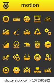 motion icon set. 26 filled motion icons.  Simple modern icons about  - Bicycle, Reel, Projector, Film roll, Momentum, Escalator, Pendulum, Recycling, Cogwheel, Stairs, Hamster wheel