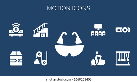 Motion Icon Set. 9 Filled Motion Icons.  Simple Modern Icons Such As: Bicycle, Pulley, Stairs, Fast Delivery, Projector, Momentum, Stationary Bike, Cinema