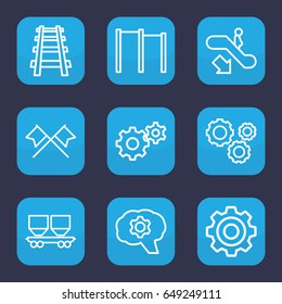 Motion icon. set of 9 outline motion icons such as escalator down, gear, cargo wagon, railway, crossed flags