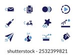 Motion icon set. Bold style. Duotone colors. slow motion, star, motion, fist, mail, file, bullet, motorbike, paper plane, water drop.