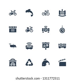 motion icon set. Collection of 16 filled motion icons included Clapperboard, Dolphin, Recycling, Cinema, Projector, Hypnosis, Bicycle, Cradle