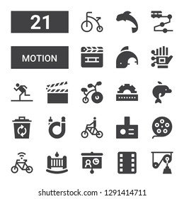 motion icon set. Collection of 21 filled motion icons included Pulley, Film, Projector, Cradle, Bicycle, Film reel, Recycle, Dolphin, Cogwheel, Clapperboard, Running, Wired gloves
