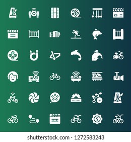 motion icon set. Collection of 36 filled motion icons included Bicycle, Cogwheel, Clapperboard, Track, Metronome, Film reel, Vortex, Projector, Hyperloop, Dancer, Dolphin, Cradle