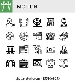 motion icon set. Collection of Highway, Basketball player, Film, Round up ride, Dance, Hockey player, Film roll, Gear, Clapperboard, Gimbal, Dancing, Railway carriage, Actor icons