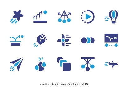 Motion icon set. Duotone color. Vector illustration. Containing star, motion, pendulum, slow motion, hot air balloon, fist, fan, animation, paper plane, water drop, flight.