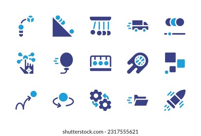 Motion icon set. Duotone color. Vector illustration. Containing pick up, slope, pendulum, van, slow motion, gloves, balloon, basketball, motion sensor, ball, circles, mechanics, folder, bullet.