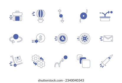 Motion icon set. Duotone style line stroke and bold. Vector illustration. Containing briefcase, air hot balloon, rotation, circle, motion, circles, coin, clock, tyre, mail, fast delivery, mechanics.