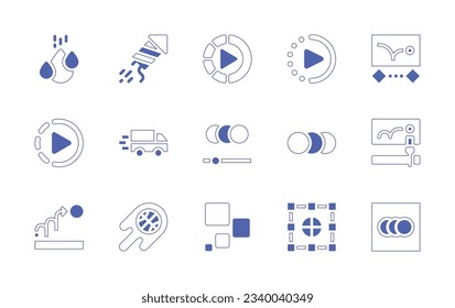 Motion icon set. Duotone style line stroke and bold. Vector illustration. Containing water drop, firework, slow motion, animation, van, motion graphic, motion, basketball, sensor.