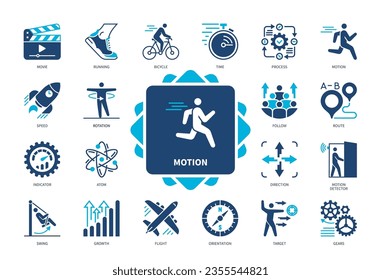 Motion icon set. Running, Swing, Rotation, Direction, Movie, Bicycle, Speed, Motion Detector, Atom. Duotone color solid icons