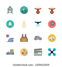 motion icon set. vector set about train, bicycle, dress and drone icons set.