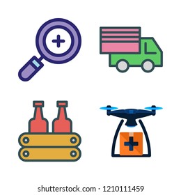 motion icon set. vector set about milk, cargo truck, zoom in and drone icons set.