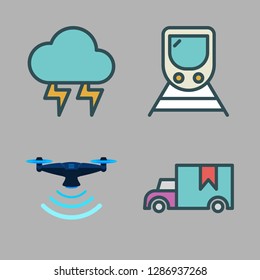 motion icon set. vector set about cargo truck, train, thunder and drone icons set.
