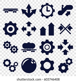 Motion icons set. set of 16 motion filled icons such as escalator up, arrow up, gear, cargo wagon, clock in gear, gear    sign symb, crossed flags, bowling ball, move