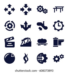 Motion icons set. set of 16 motion filled icons such as escalator down, gear, cargo wagon, movie clapper, clock in gear, camera tape, smoke, stairs, bowling ball, move, arrow