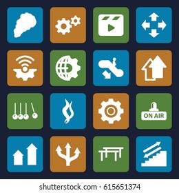 Motion icons set. set of 16 motion filled icons such as escalator down, arrow up, gear, movie clapper, open air, smoke, clobe gear, gear connection, cradle, move, arrow