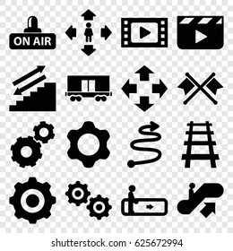 Motion icons set. set of 16 motion filled icons such as escalator, escalator up, gear, man move, cargo wagon, railway, open air, gear    sign symb, curved arrow, crossed flags