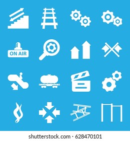 Motion icons set. set of 16 motion filled icons such as escalator down, arrow up, gear, cargo wagon, railway, movie clapper, open air, camera tape, smoke, gear    sign symb