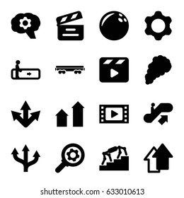 Motion icons set. set of 16 motion filled icons such as escalator, escalator up, arrow up, cargo wagon, movie clapper, smoke, gear, stairs, bowling ball, movie tape
